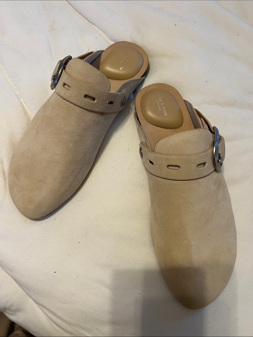 rag & bone beige suede buckle mules